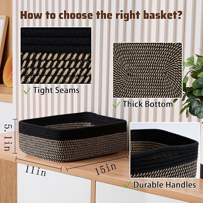 MiniArk Large Shallow Organizing Baskets 15x11x5.1 Inches - Rope Woven Storage Bins for Bathroom, Shelves, Cube Closet, Black Woven Brown 2 Packs