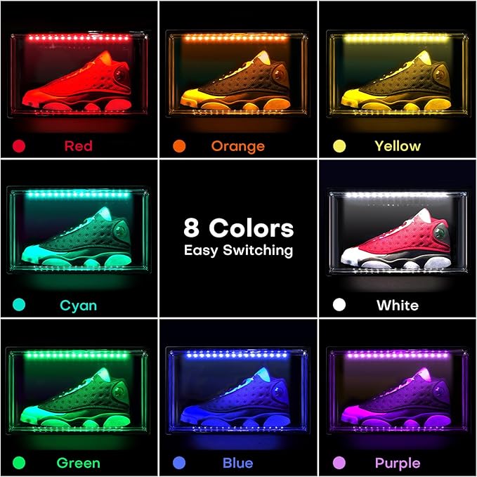 Oltraman Shoe Storage Organizer for Closet, Foldable Shoe Boxes Rack 2 pack, Clear Plastic Stackable Containers Bins Holder, Magnetic Sneaker Shelf for Sneakerheads with LED Lights (Black)