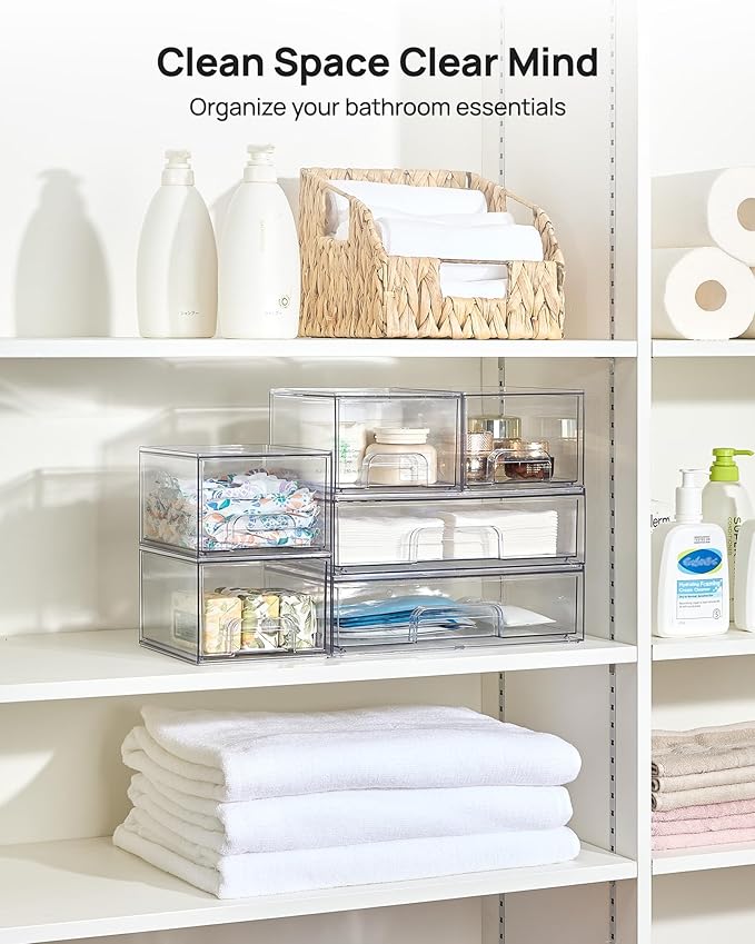 Clear Stackable Storage Drawers Set of 5, Plastic Organizer Bins for Makeup