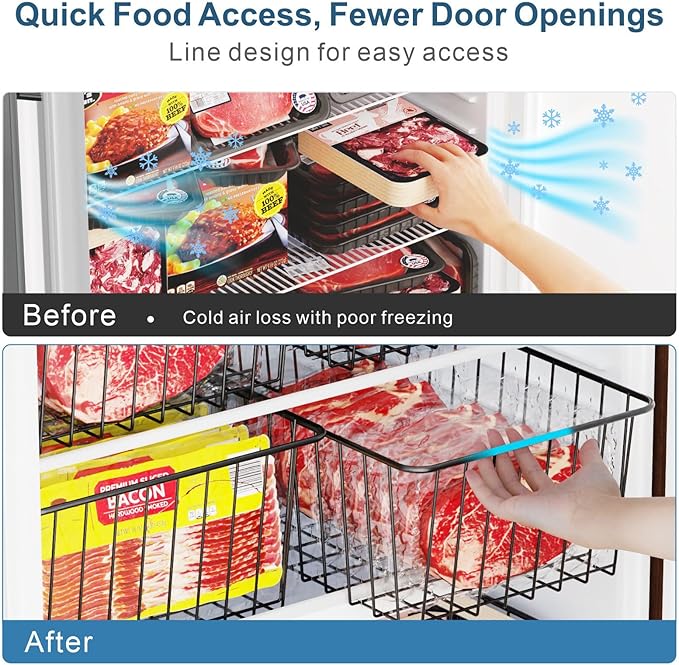 iSPECLE Freezer Organizer Bins - 4 Pack Upright Freezer Baskets for 17/21 Cu.Ft Stand up Freezer, Wire Storage for Reach-in Freezer, Slide-Out Access, Prevents Items Falling, 2 Large 2 Medium, Black