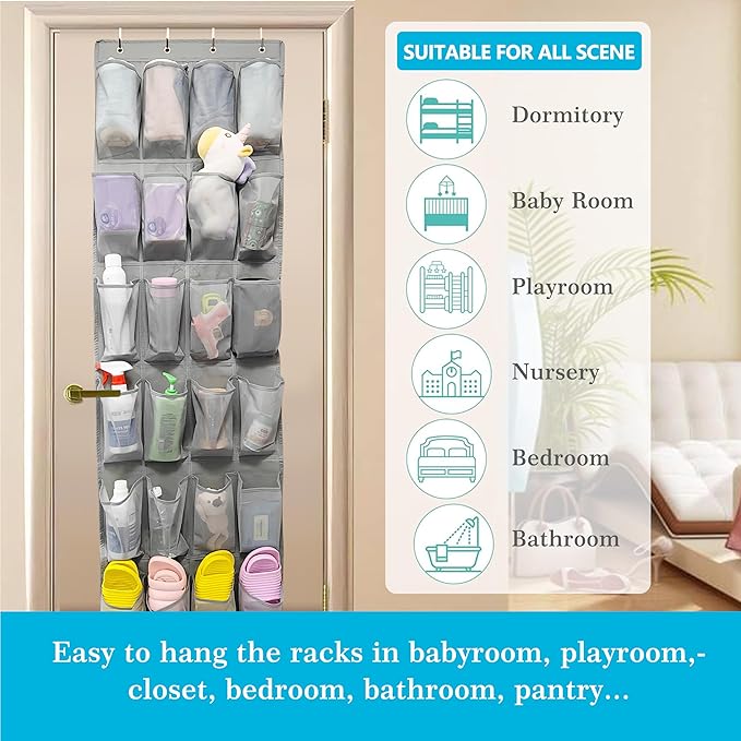 Over The Door Shoe Organizers with 24 Mesh Pockets Shoe Organizer Storage, Grey