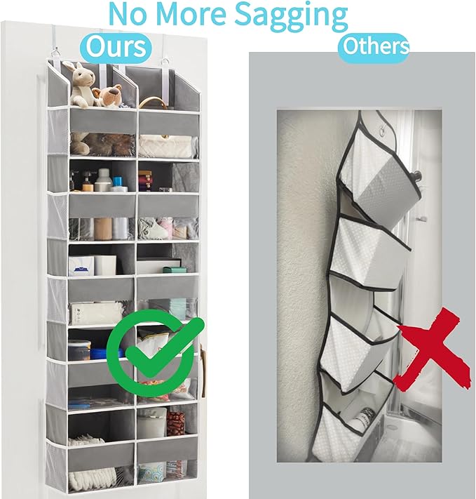 Over the Door Organizer 5 Tiers, Extra Large Behind Door Storage of 10 Compartments, Anti Tilt Hanging Organizer for Closet, Diaper Organizer, Bedroom, Bathroom, Pantry, Nursery, (Grey)