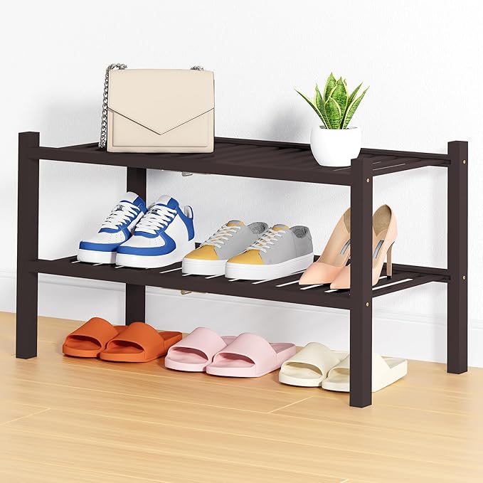 Smiry Bamboo Shoe Rack, 2 Tier Free Standing Wooden Shoe Organizer, Stackable Wood Shoe Storage Shelf for Closet, Entryway, 14 Vertical Slats, One-piece Heavy-Duty Legs, 26.8"x11"x13", Brown