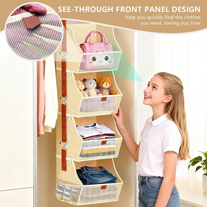 Fabric 4 Tier Hanging Closet Organizers Heavy Duty Shelf Hanging Storage Towel Clothes Sweater Jeans Bag Organizer For Closet For Bedroom,Dorm,RV,See Through Front Panel, Space-Saving (Beige-4Tier)