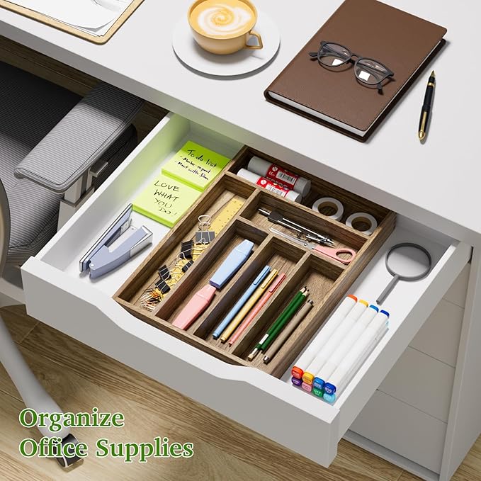 Kiasthome Acacia Wood Silverware Drawer Organizer, 6 Slots