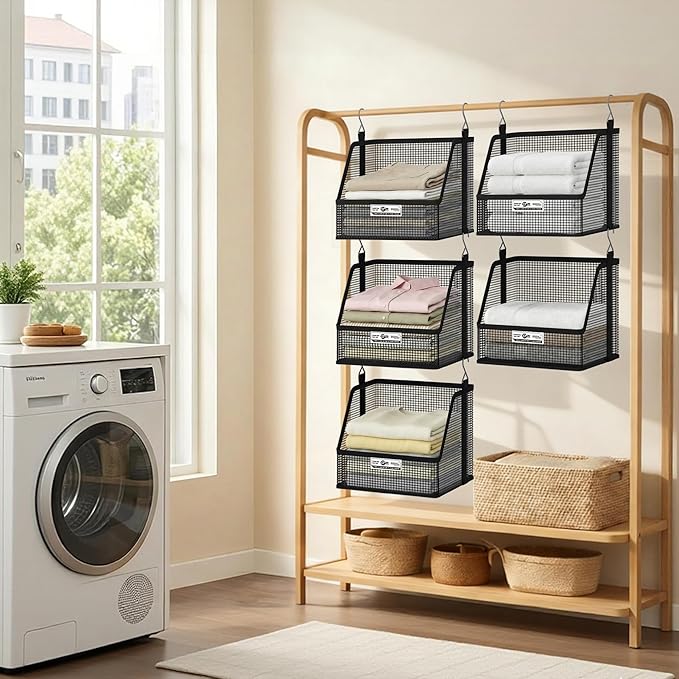 STORAGE MANIAC 4 Tier Hanging Closet Organizer with Mesh Baskets, Clothes Hanging Shelves, Foldable Stackable Storage, Space-Saving Collapsible Basket with Hooks for RV, Dorm, Bedroom, College, Black