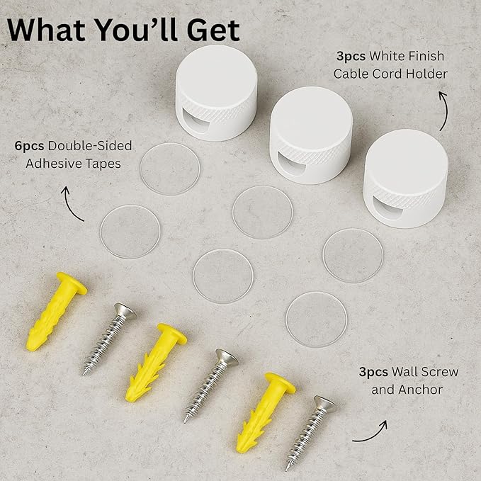 3PCS Premium Cord Holder for Nightstand, Computer Cord Organizer for Desk, Appliance Cord Organizers, Stick-On Cable Clip for Charger, Laptop, USB, Headphones, Wire Management Set, White