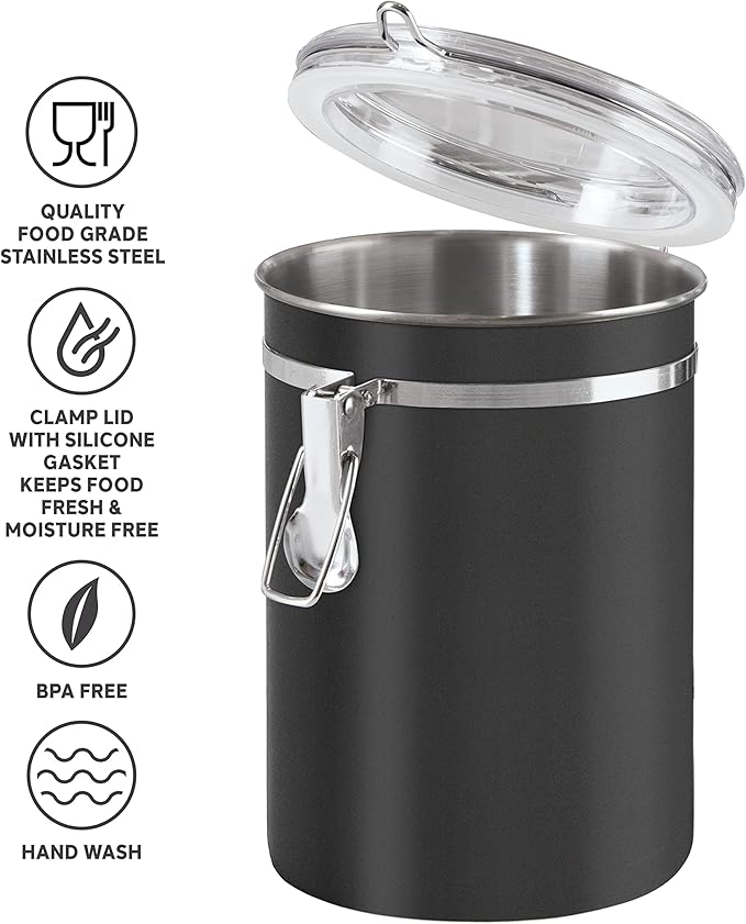 Stainless Steel Kitchen Canister 47 fl oz, Black, Airtight Clamp Lid