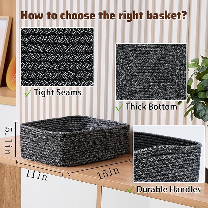 MiniArk Large Shallow Organizing Baskets 15x11x5.1 Inches - Rope Woven Storage Bins for Bathroom, Shelves, Cube Closet, Mixed Black 3 Packs