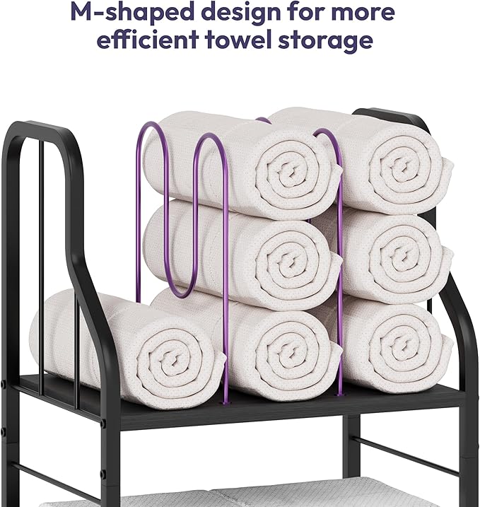 SWTYMIKI Free Standing Towel Rack - 3 Tier M-Shaped Detachable Dividers Towel Shelf for Bathroom, Durable Metal Pool Towel Holder, Modern Space-Saving Bath Towel Storage Organizer