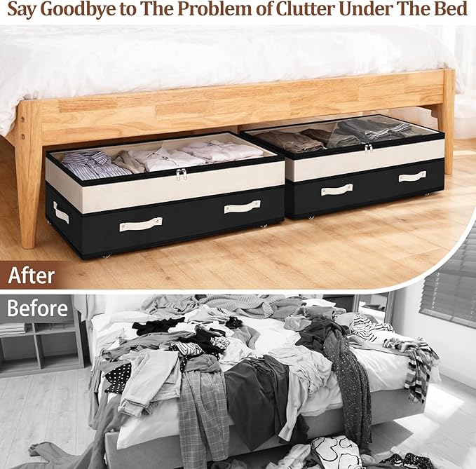 Dolicer 4 Pack Under Bed Storage with Wheels, 6in-10in Height Adjustable Underbed Storage Containers, 92L XXXL Under Bed Drawers Rolling Bin with Clear Lids for Dorm Shoes Clothes Organizers(Black)