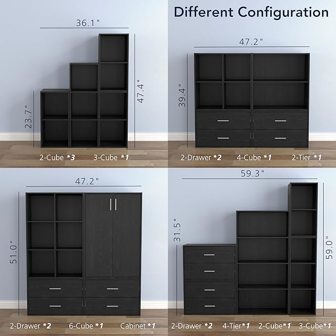 Homes: Inside + Out Apexa 3-Tier Cube Storage Organizer Shelves, Stackable Wood Bookcase Fits Cubby Bins for Organization, Dorm Teen Room Decor & Home Office, Black