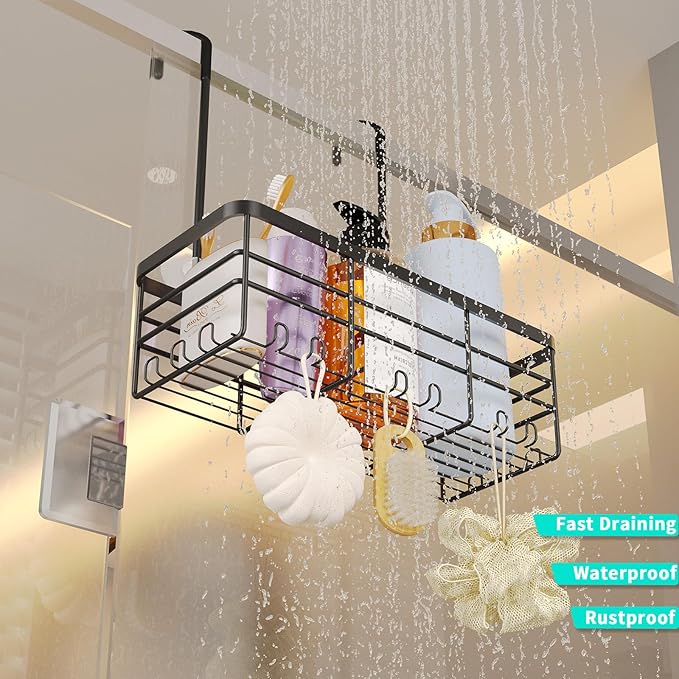 HapiRm Hanging Shower Caddy Organizer - No Drilling Shower Organizer with Hooks, Rustproof & Waterproof 304 Stainless Steel Bathroom Shelves - Black (1 Basket)