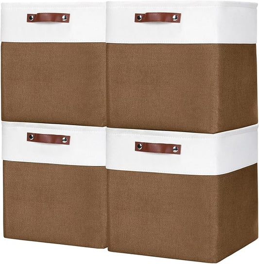 13x13 Cube Storage Bins, Collapsible Fabric Storage Box, Brown&White