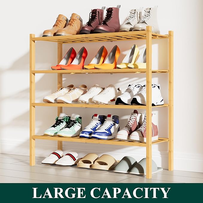 Smiry Bamboo Shoe Rack, 4 Tier Free Standing Wooden Shoe Organizer, Stackable Wood Shoe Storage Shelf for Closet, Entryway, 12 Vertical Slats, 2+2 Stack Standard Legs, 26.8"x11"x26", Natural