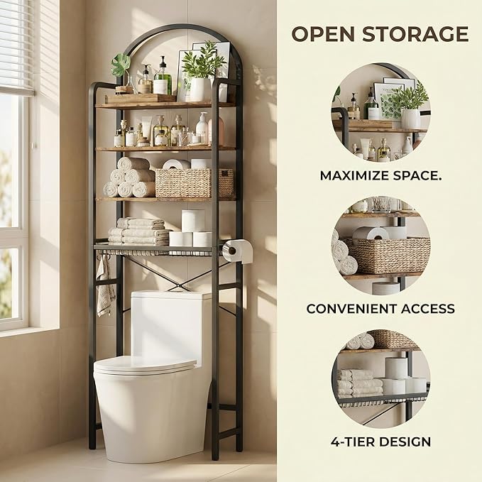76" H Over the Toilet Storage Rack, 4-Tier Bathroom Organizer with Toilet Paper Holder & Hooks, Metal Frame with Wooden Shelves, Space Saver for Small Bathroom, Rustic Brown and Black