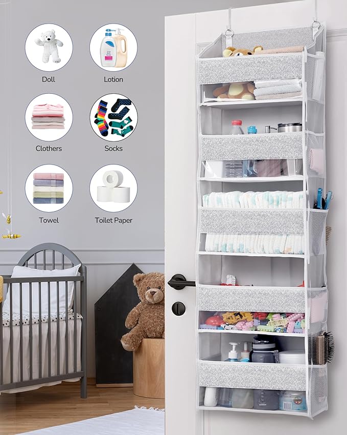 1 Pack Over Door Organizer with 5 Large Pockets 10 Mesh Side Pockets, Light Gray