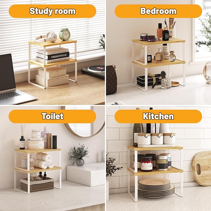 Kitchen Cabinet Organizer Shelf Set of 4, White+Bamboo