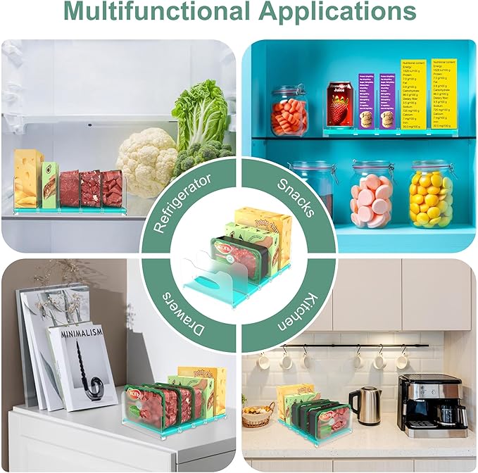 SURETIVIAN Freezer Organizer 12” Visible Fridge Organizer Rack with Removable Dividers and Handles, Freely Adjustable, Fits Refrigerator Frozen Meals, Lunch Meat Box, Cheeses (Mint Green)