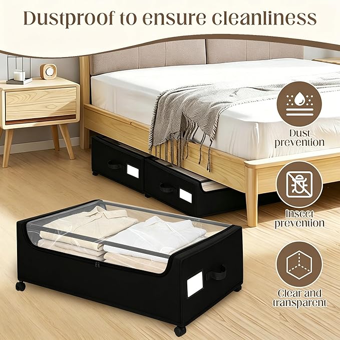 Under Bed Storage with Wheels, 2 Pack Under Bed Storage Containers, 10.6 inches Tall Underbed storage bins on Wheels, Rolling Under the Bed Metal Drawers for Clothes, Blankets, Shoes (XXXL, 90L)