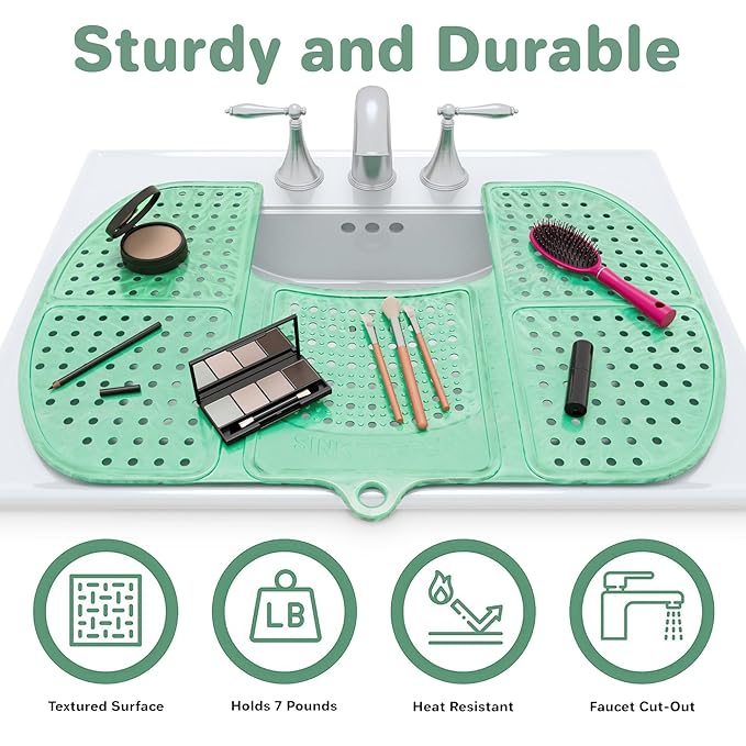 Sink Topper Bathroom Counter Cover & Storage Saver, Foldable Silicone Mat for Hot Tools, Hair Styling & Makeup, Beauty Brush Cleaning Mat, RV Camper Sink Cover & for Small Spaces (Standard Green)