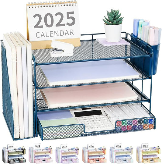 OPNICE Desk Organizer, 4-Tier Desktop File Organizer with Drawer and 2 Pen Holders, Office Desk Accessories, File Sorters, Workspace Organizers for Office Supplies(Dark Blue)