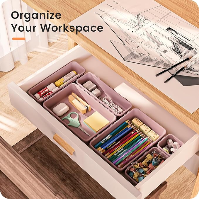 A-LuGei 【Military Grade】 Drawer Organizer, 【𝟱𝗦𝗶𝘇𝗲】 Makeup organizer, 【Holds 177 Items】 Bathroom Organizers and Storage, Organization and Storage, Desk Drawer Organizer for Vanity (Lilac)