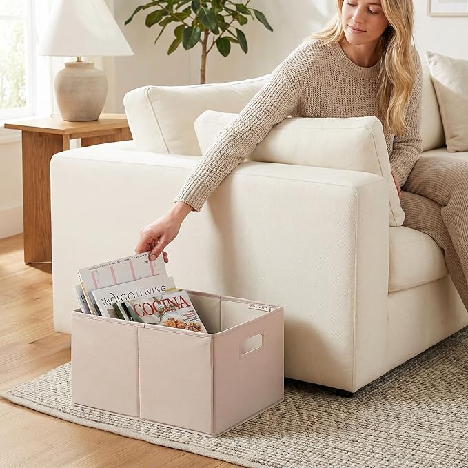 StorageWorks Fabric Storage Bins for Shelves, Closet Organizers and Storage Baskets, Collapsible Storage Bins with Cutout Handles, Large, 4-Pack, Light Brown