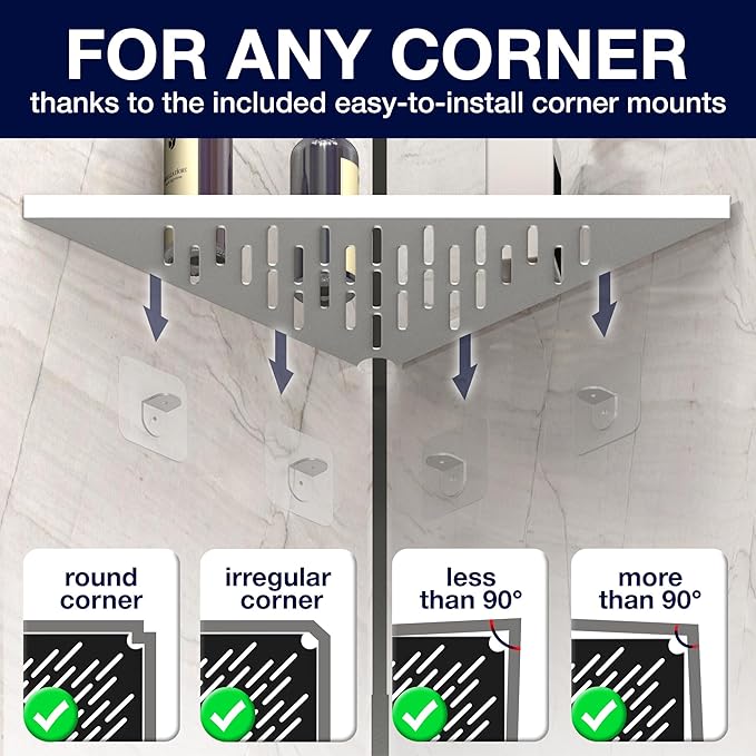 Bathroom Corner Shelves for Shower - Adhesive / Stick / Drill / No Drill - 16" Strong White Floating Corner Shelf for Tiled Wall, Bathroom, Inside Shower Caddy, Shelf Wall Mount Triangular, Organizer
