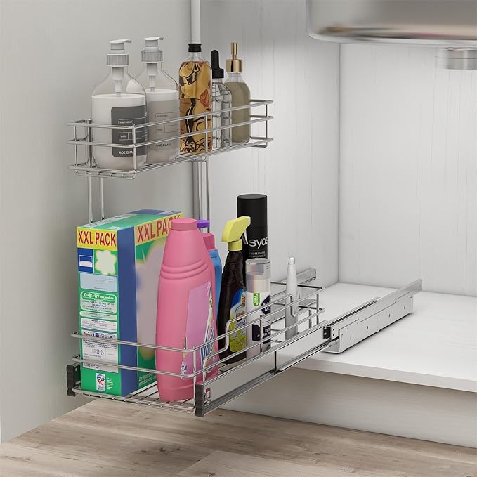 Under Sink Organizer 9" W X17 D, Pull Out Cabinet Organizer 2 Tier, 1 Pack