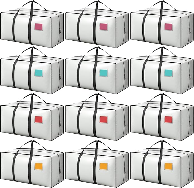 12 Pack Moving Bags with Full-Open Side Zipper, Extra Large 93L Heavy Duty Waterproof Foldable Storage Totes for College Dorm, Moving & Home Organization,White