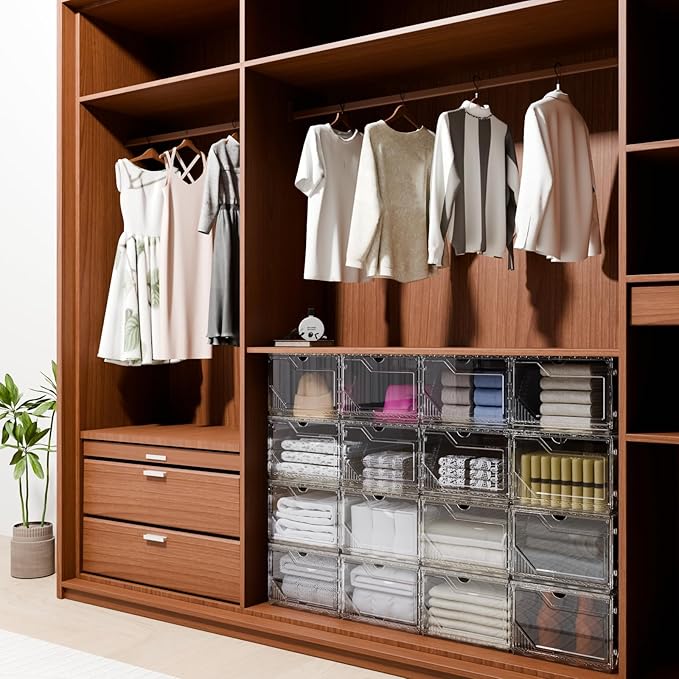 6 Pack Upgraded XX-Large Closet Organizers and Storage with Magnetic Door, New structure is more stable, Thicken & Sturdy Clear Stackable Interconnectable Shoe Box for Entryway, Under Bed