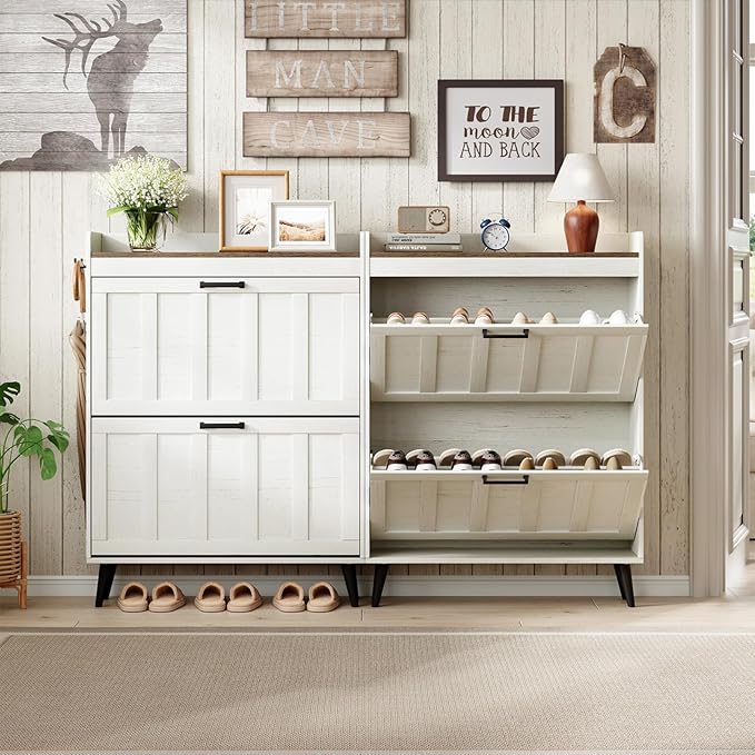 ChooChoo Shoe Storage Cabinet with 2 Flip Drawers, Freestanding Hidden Slim Narrow Shoe Rack Cabinet, Farmhouse Shoe Organizer Storage for Entryway, Antique White & Brown