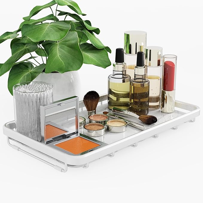 Counter Organizer for Bathroom, Kitchen or Coffee Bar, Metal Shelf with Faux Marble, Vanity Countertop Makeup Storage, Dresser Perfume Display Rack, Toilet Tank Tray (Matte Nickel, 1-Tier)