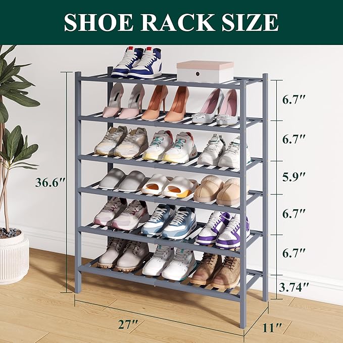 Smiry Bamboo Shoe Rack for Closet, 6 Tier Wooden Shoe Organizer, Stackable Wood Shoe Storage Shelf for Entryway, 14 Vertical Slats, 3+3 Stack Heavy-Duty Legs, 26.77"x11.02"x36.61", Grey