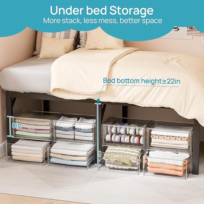 Vtopmart 6 Pack Large Clear Stackable Storage Drawers 27QT, Easily Assemble Plastic Closet Storage Bins, Dust-Proof UnderBed Organizer for Clothing, Sweater Organization