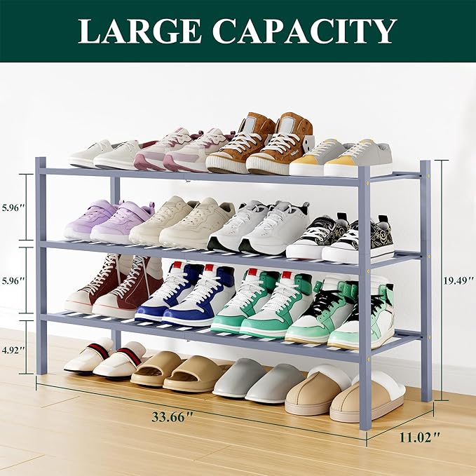 Smiry Long Bamboo Shoe Rack, 3 Tier Free Standing Wooden Shoe Organizer, Stackable Wood Shoe Storage Shelf for Closet, Entryway, 12 Vertical Slats, 2+1 Stack Standard Legs, 33.7"x11"x19.5", Grey