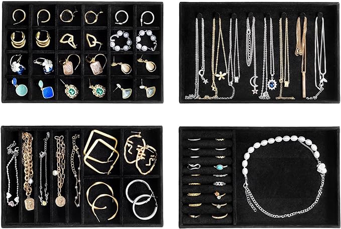 ProCase Stackable Jewelry Organizer Trays for Drawers, Jewelry Drawer Inserts Container Display Case Storage for Earring Necklace Rings Bracelet with Removable Dividers -Allblack, 4 Layers