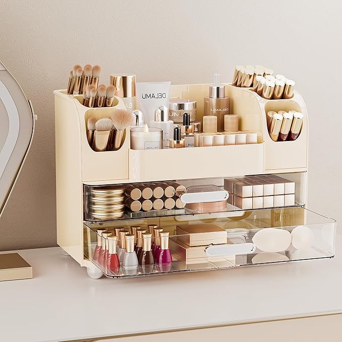 Large Makeup Organizer Countertop with 6 Brush Holders, Cream White