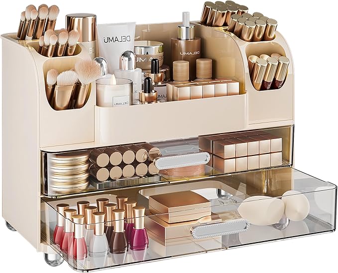 Large Makeup Organizer Countertop with 6 Brush Holders, Cream White