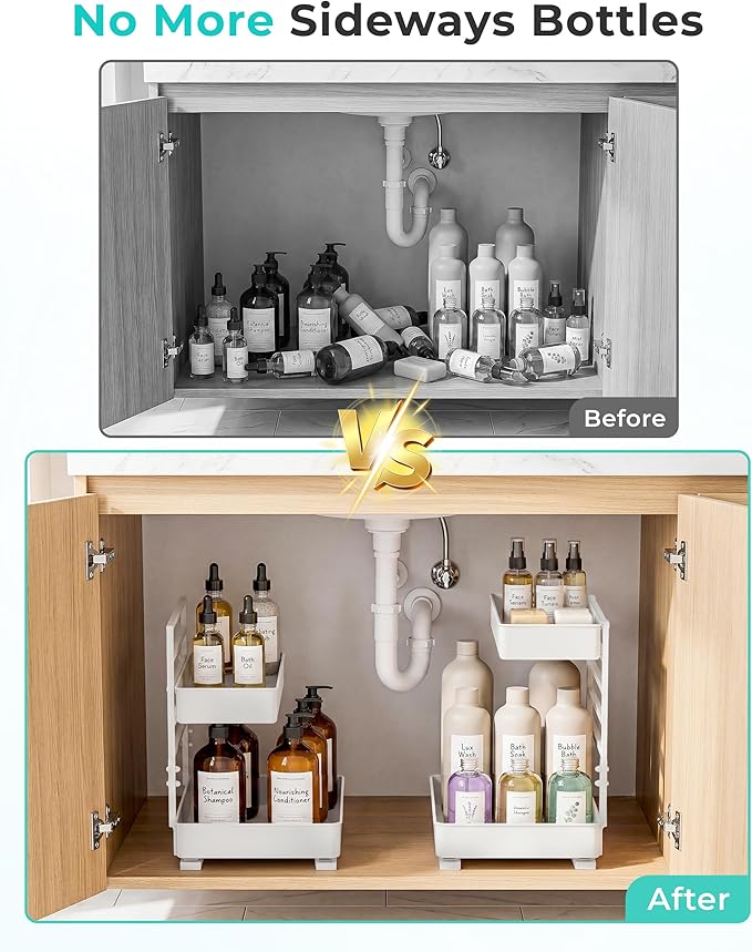 EVERIE Metal Pull Out Slide Shelf Organizer for Framed or Frameless Under Sink CabinetsOrganization in Kitchen, Bathroom, Counter, Cabinets (White, 1 Set)