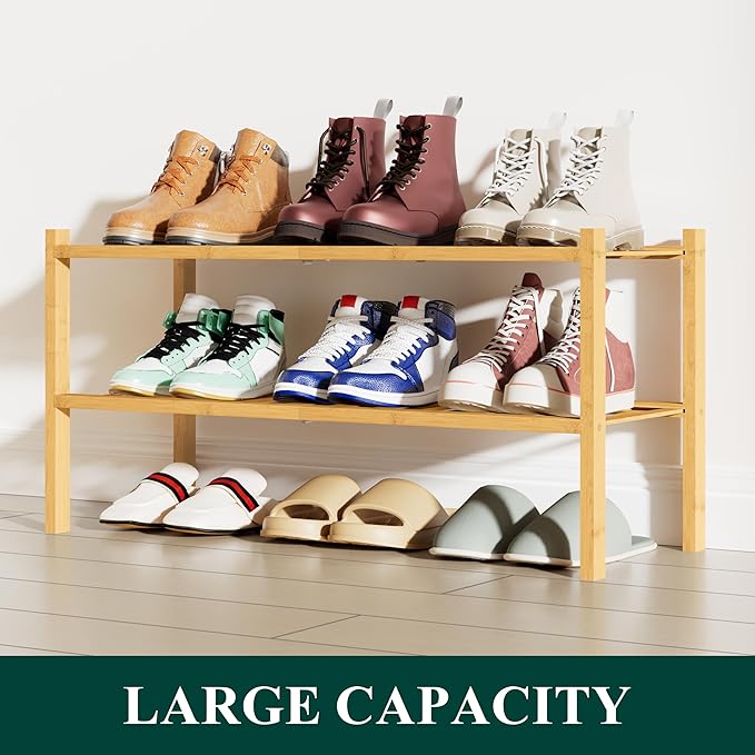 Smiry Bamboo Shoe Rack, 2 Tier Free Standing Wooden Shoe Organizer, Stackable Wood Shoe Storage Shelf for Closet, Entryway, 12 Vertical Slats, One-piece Standard Legs, 26.8"x11"x13", Natural
