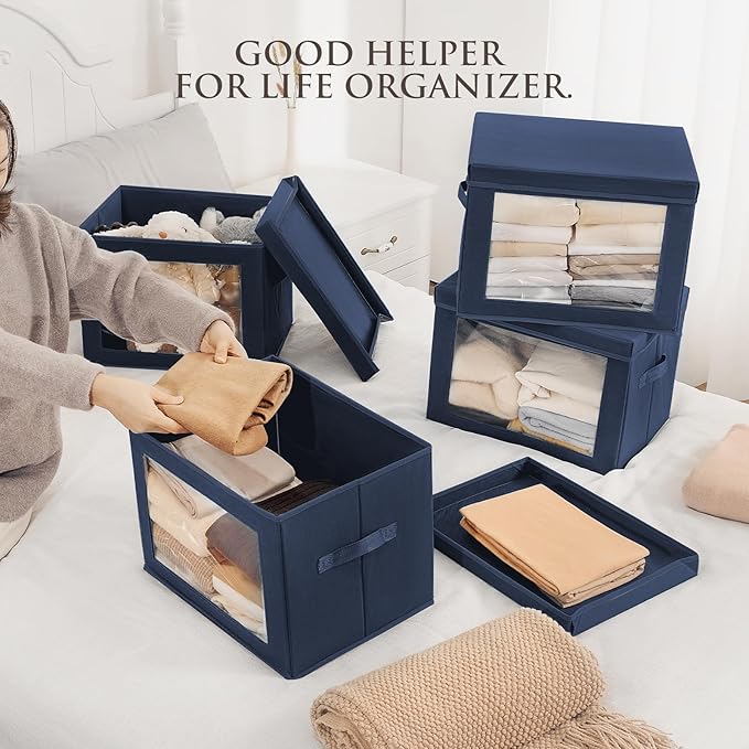 Homsorout Stackable Storage Bins with Lids - Large Storage Box with Lids, Foldable Closet Boxes for Organizing, Wardrobe Clothes Organizer with Window, Cubes Bins for Living Room, 6 Pack, Navy Blue