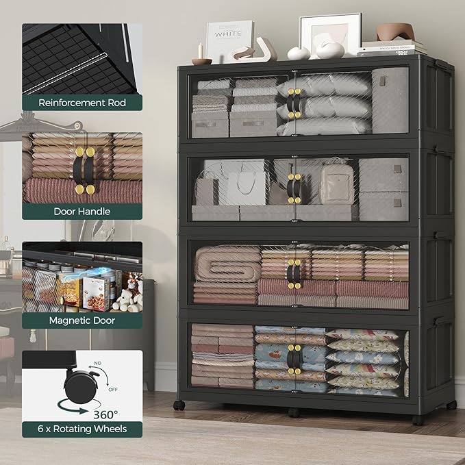 400Gal/1600QT 5-Tiers Extra Large Stackable Storage Bins with Lid, Collapsible Cabinet Closet Organizer Plastic Container Box with Wheels Doors Drawers for Office Dorm Kitchen, Black