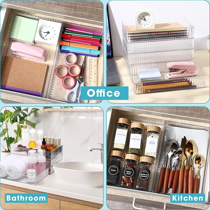Teenyyou 8 Pcs Clear Drawer Organizers Bins Stackable Makeup and Vanity Organizer Trays Clear Plastic Drawer Organizers Set for Office Desk Dividers(9.9 x 6.3 x 1.8 Inches)