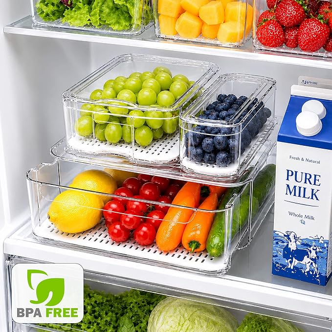 SMRCAD 6 Pack Refrigerator Organizers, Clear Pull-out Drawer Container and Organizer Bins with Lids, Stackable Storage Containers for Fruits, Vegetable (Set of 6 (Include Pull Out Drawer))