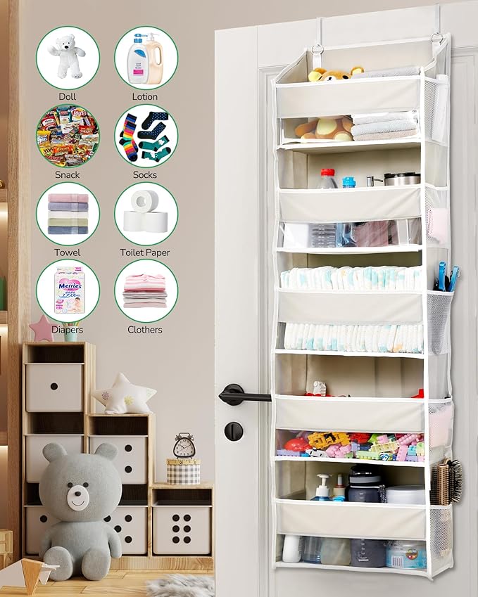 1-Pack Over Door Organizer with 5 Large Pockets 10 Mesh Side Pockets, Beige