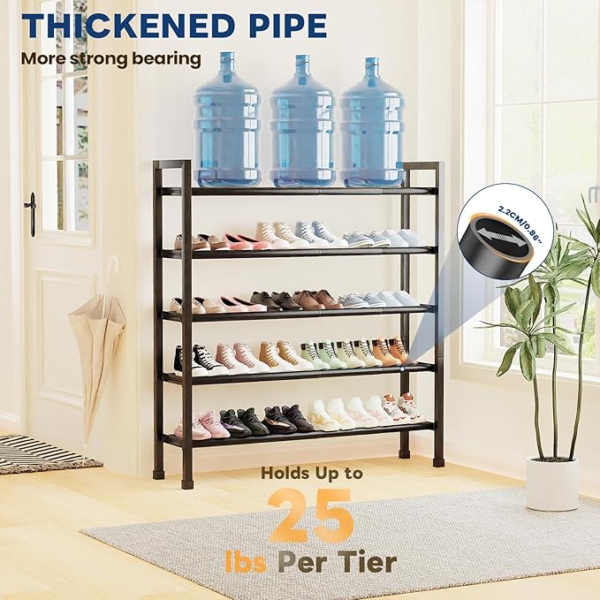 Mavivegue 5-Tier 19"-43.3" Adjustable Shoe Rack for Closet,Expandable Shoe Rack, Hall Entryway,Front Door,Garage, Sturdy Steel Space-Saving Rack, Black