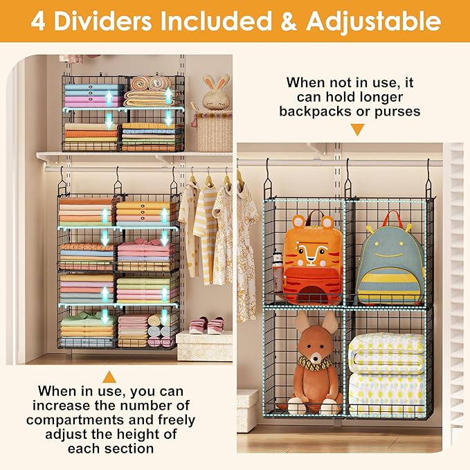 Hanging Closet Organizer with DIY Spacing, Double-Row Closet Hanging Shelves with 4 Adjustable Dividers & 6 Hooks, Heavy Duty Metal Closet Storage Organizer with Front Guard, Split into 2 Units