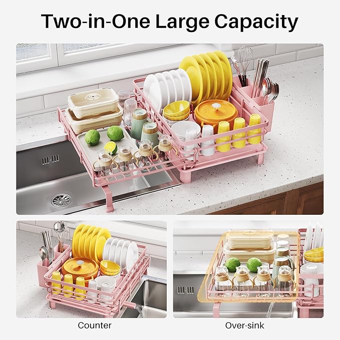 Dish Drying Rack, Extendable Dish Rack, Pink